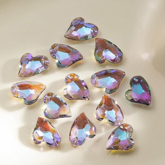 Picture of 1 Packet(12PCS/Packet) Glass AB Rainbow Color Aurora Borealis Charms Heart Multicolor Faceted 17mm x 14mm