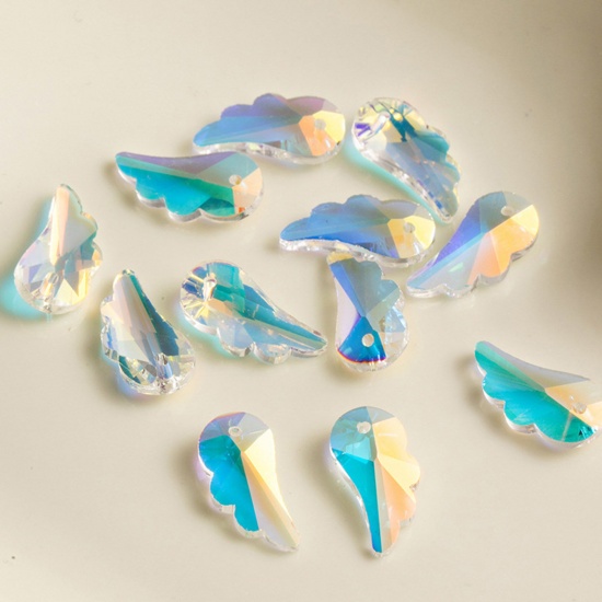 Picture of 1 Packet ( 12 PCs/Packet) Glass AB Rainbow Color Aurora Borealis Charms Wing Multicolor Faceted 20mm x 10mm