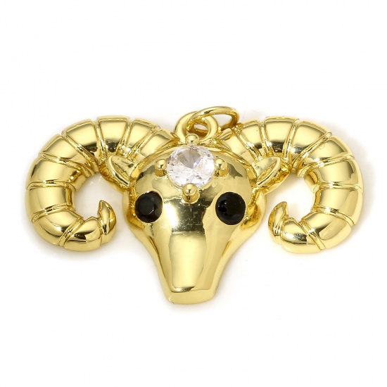 Picture of 1 Piece Brass Charms 18K Real Gold Plated Sheep Animal Clear & Black Cubic Zirconia 24mm x 18mm