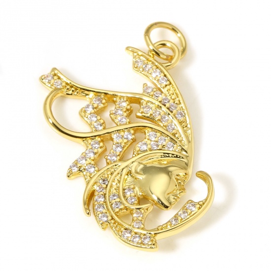 Picture of 1 Piece Brass Insect Charms 18K Real Gold Plated Butterfly Wing Micro Pave Clear Cubic Zirconia 28mm x 20mm