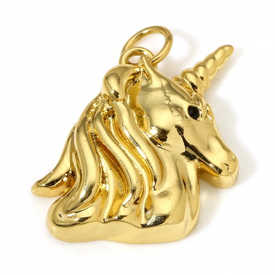 Picture of 1 Piece Brass Charms 18K Real Gold Plated Horse Animal Black Cubic Zirconia 21mm x 17mm