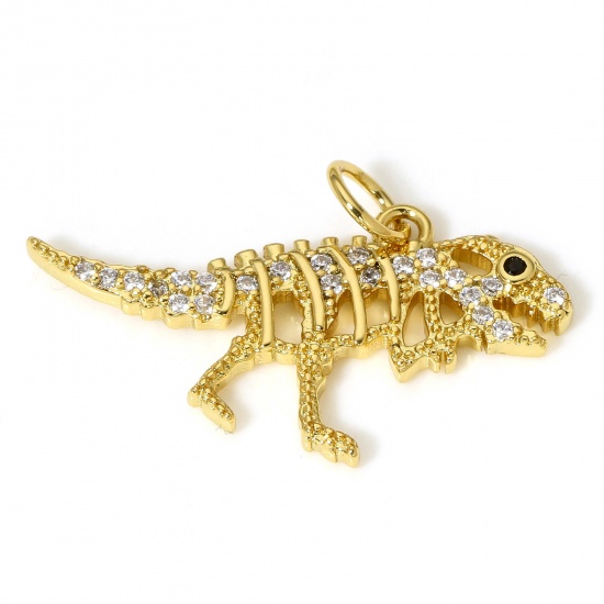 Picture of 1 Piece Brass Micro Pave Charms 18K Real Gold Plated Dinosaur Animal Micro Pave Clear & Black Cubic Zirconia 25mm x 17mm
