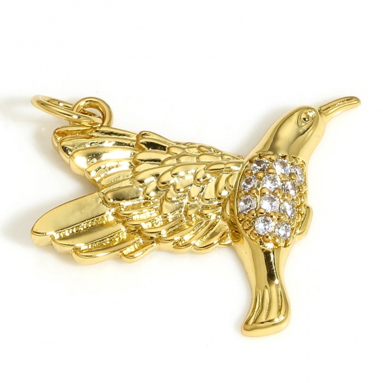 Picture of 1 Piece Brass Charms 18K Real Gold Plated Hummingbird Micro Pave Clear Cubic Zirconia 25mm x 23mm