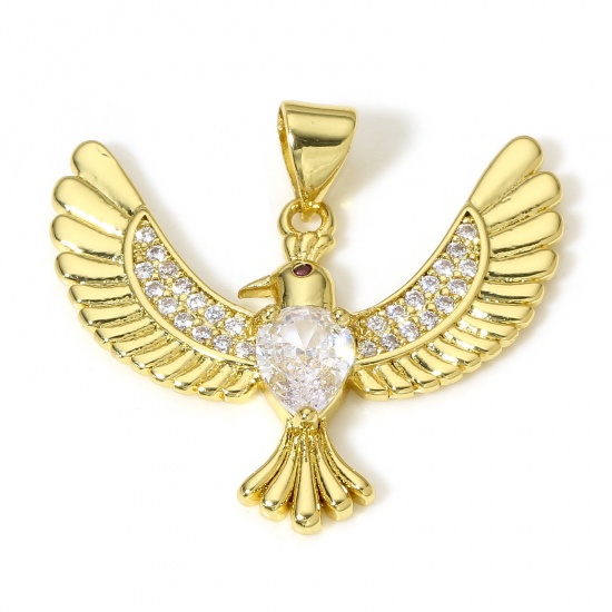 Picture of 1 Piece Brass Charms 18K Real Gold Plated Eagle Animal Micro Pave Clear Cubic Zirconia 27mm x 25mm