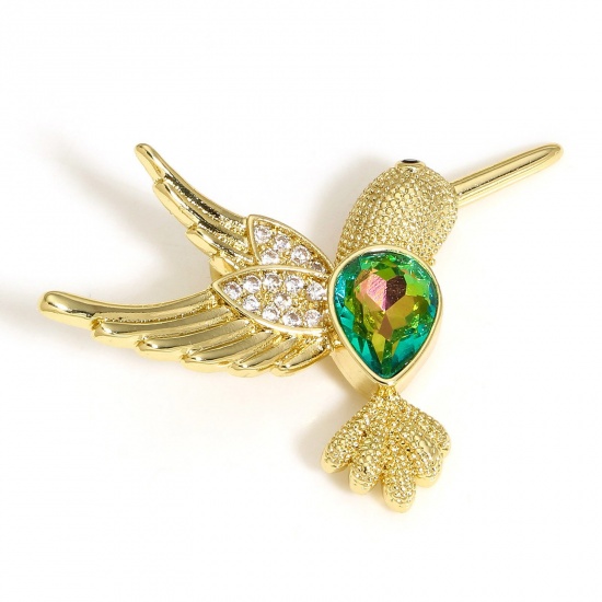 Picture of 1 Piece Brass Charms 18K Real Gold Plated Hummingbird Micro Pave Clear Cubic Zirconia 27mm x 26mm