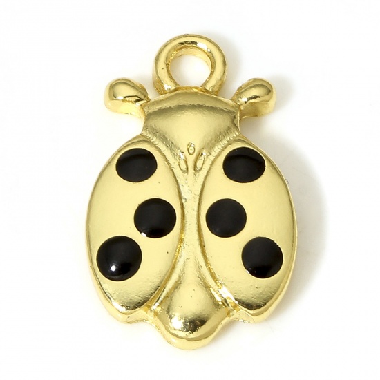 Picture of 1 Piece Brass Insect Charms 18K Real Gold Plated Black Ladybug Animal Enamel 20mm x 12mm