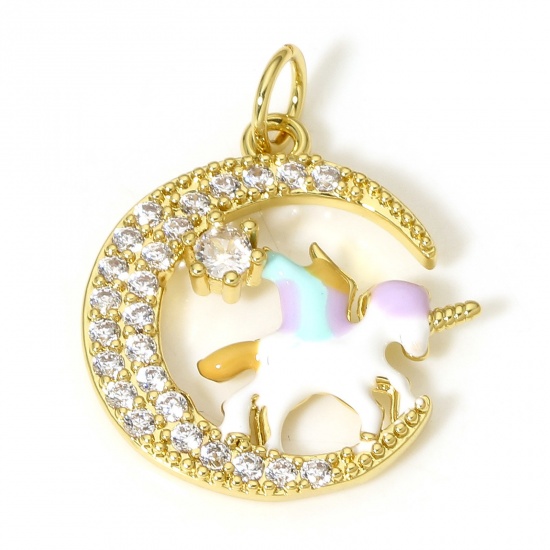 Picture of 1 Piece Brass Galaxy Charms 18K Real Gold Plated Multicolor Horse Animal Moon Micro Pave Clear Cubic Zirconia Enamel 23mm x 18mm