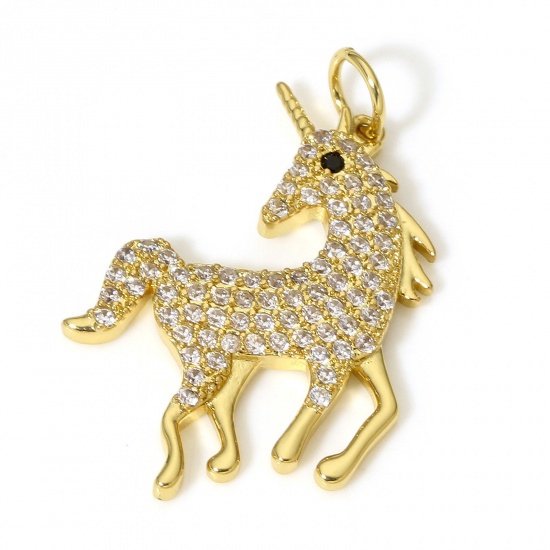 Picture of 1 Piece Brass Charms 18K Real Gold Plated Horse Animal Micro Pave Clear Cubic Zirconia 25mm x 20mm