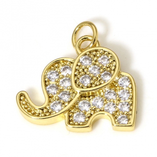 Picture of 1 Piece Brass Charms 18K Real Gold Plated Elephant Animal Micro Pave Clear Cubic Zirconia 15mm x 15mm
