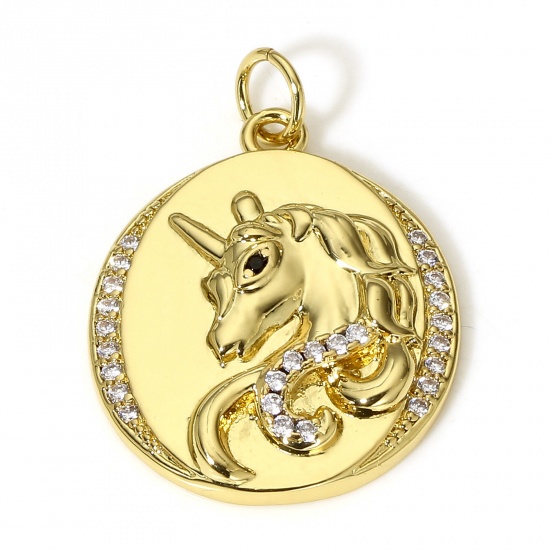 Picture of 1 Piece Brass Charms 18K Real Gold Plated Horse Animal Oval Micro Pave Clear Cubic Zirconia 26mm x 19mm