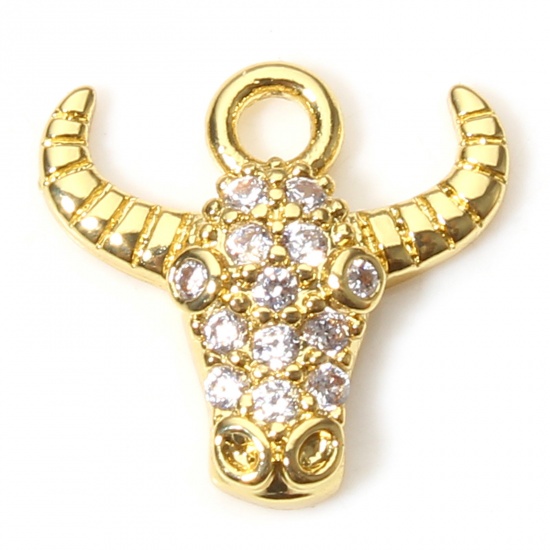 Picture of 1 Piece Brass Charms 18K Real Gold Plated Bull Head/ Cow Head Micro Pave Clear Cubic Zirconia 12mm x 12mm