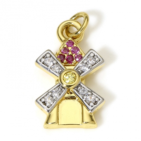 Picture of 1 Piece Brass Micro Pave Charms 18K Real Gold Plated & Real Platinum Plate Two Tone Windmill Clear & Red Cubic Zirconia 18mm x 9mm