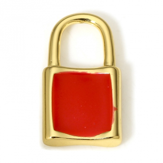 Picture of 1 Piece Brass Charms 18K Real Gold Plated Red Lock Enamel 20mm x 11mm