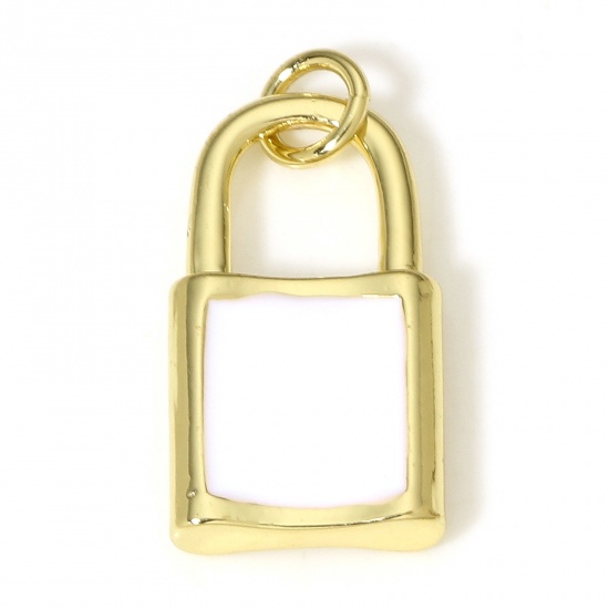 Picture of 1 Piece Brass Charms 18K Real Gold Plated White Lock Enamel 20mm x 11mm