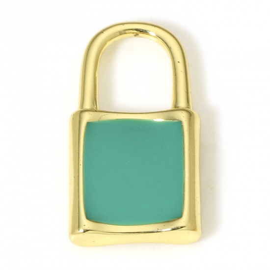 Picture of 1 Piece Brass Charms 18K Real Gold Plated Green Lock Enamel 20mm x 11mm