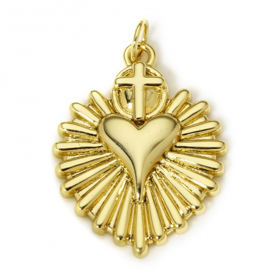 Picture of 1 Piece Brass Religious Charms 18K Real Gold Plated Ex Voto Heart Cross 28mm x 19mm