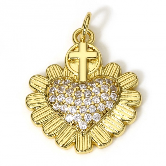 Picture of 1 Piece Brass Religious Charms 18K Real Gold Plated Ex Voto Heart Cross Micro Pave Clear Cubic Zirconia 24mm x 18mm