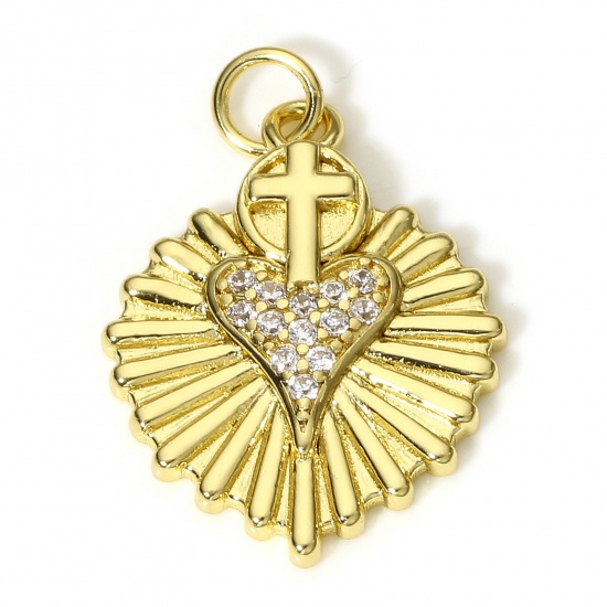 Picture of 1 Piece Brass Religious Charms 18K Real Gold Plated Ex Voto Heart Cross 25mm x 18mm