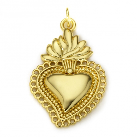 Picture of 1 Piece Brass Religious Charms 18K Real Gold Plated Ex Voto Heart 3.2cm x 1.8cm