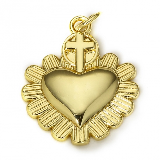 Picture of 1 Piece Brass Religious Charms 18K Real Gold Plated Ex Voto Heart Cross 25mm x 18mm