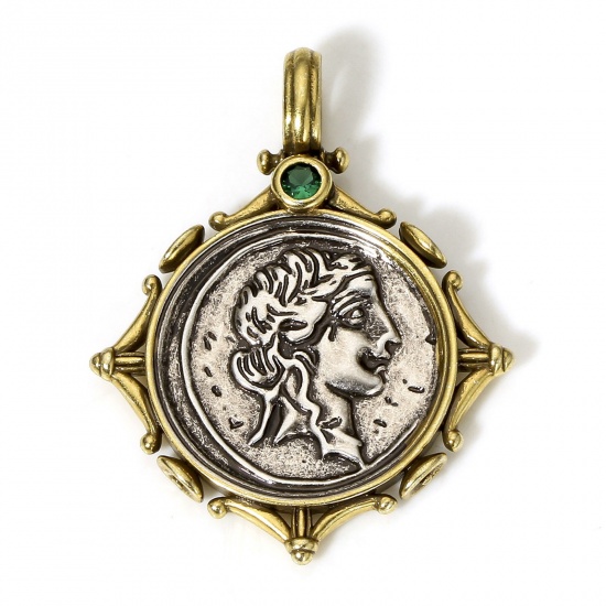 Picture of 1 Piece Brass Coin Charms Antique Bronze Antique Silver Color Two Tone Beauty Lady 3.3cm x 2.6cm