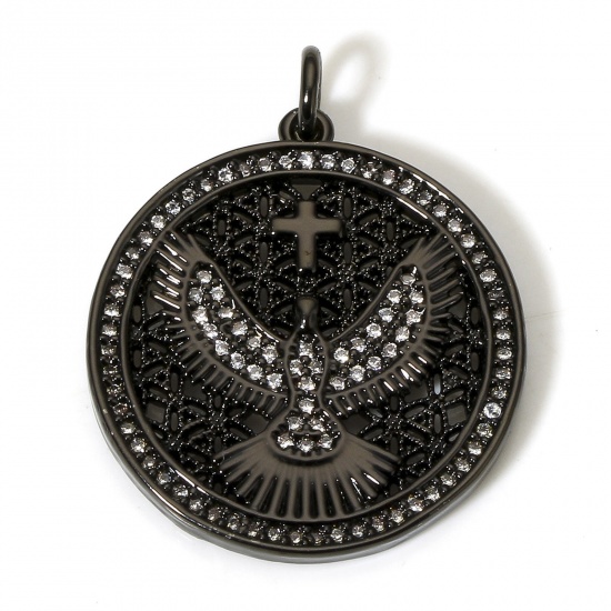 Picture of 1 Piece Brass Religious Charms Black Eagle Animal Cross Micro Pave Clear Cubic Zirconia 29mm x 23.5mm