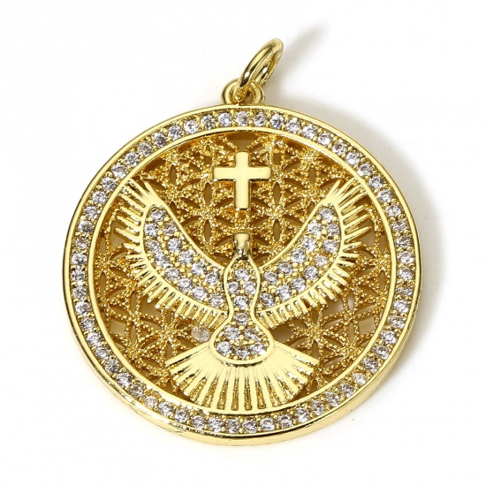 Picture of 1 Piece Brass Religious Charms 18K Real Gold Plated Eagle Animal Cross Micro Pave Clear Cubic Zirconia 29mm x 23.5mm