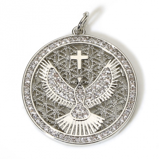 Picture of 1 Piece Brass Religious Charms Real Platinum Plated Eagle Animal Cross Micro Pave Clear Cubic Zirconia 29mm x 23.5mm