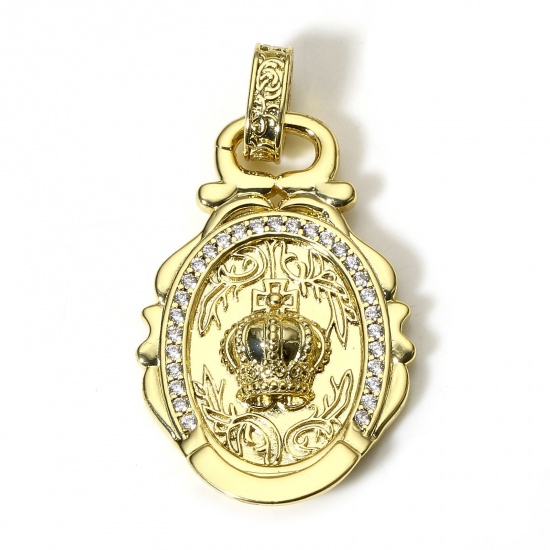 Picture of 1 Piece Brass Micro Pave Charms 18K Real Gold Plated Oval Crown Clear Cubic Zirconia 3.7cm x 2.1cm
