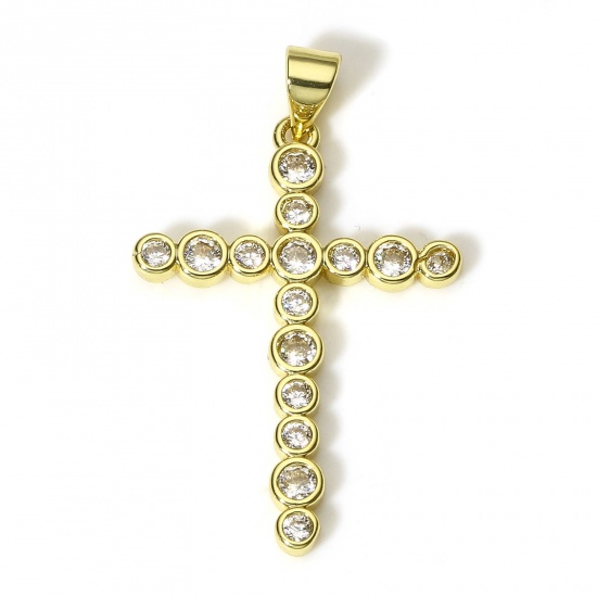 Picture of 1 Piece Brass Religious Charms 18K Real Gold Plated Cross Clear Cubic Zirconia 3.5cm x 2.2cm
