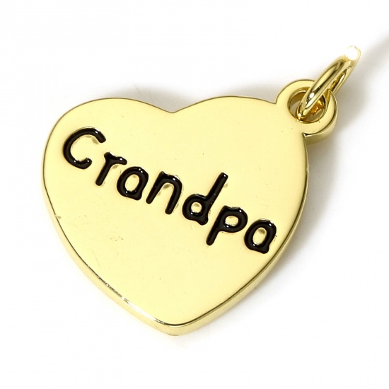 Picture of 1 Piece Brass Family Jewelry Charms 18K Real Gold Plated Black Heart Message " Grandpa " Enamel 18mm x 17mm