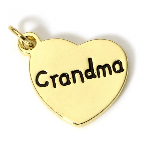 Picture of 1 Piece Brass Family Jewelry Charms 18K Real Gold Plated Black Heart Message " Grandma " Enamel 18mm x 17mm
