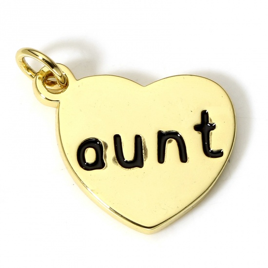 Picture of 1 Piece Brass Family Jewelry Charms 18K Real Gold Plated Black Heart Message " Aunt " Enamel 18mm x 17mm