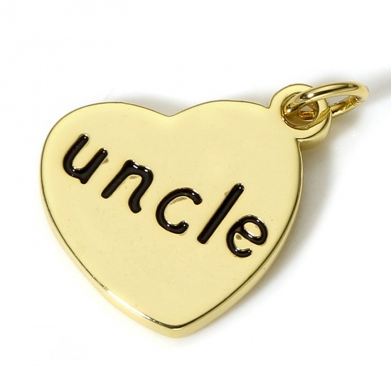 Picture of 1 Piece Brass Family Jewelry Charms 18K Real Gold Plated Black Heart Message " Uncle " Enamel 18mm x 17mm