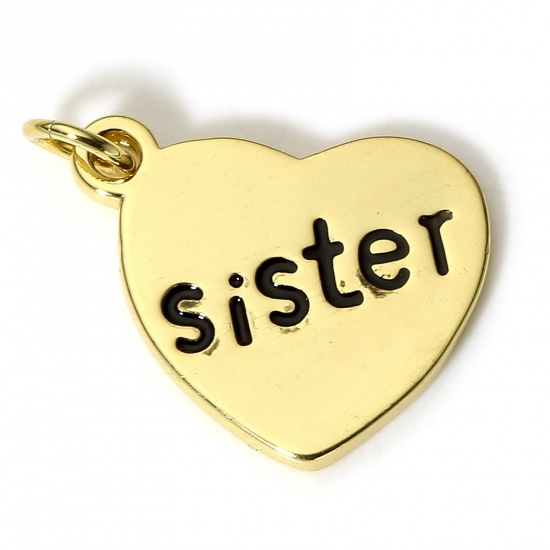 Picture of 1 Piece Brass Family Jewelry Charms 18K Real Gold Plated Black Heart Message " Sister " Enamel 18mm x 17mm