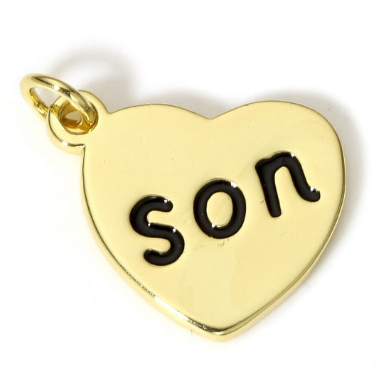 Picture of 1 Piece Brass Family Jewelry Charms 18K Real Gold Plated Black Heart Message " Son " Enamel 18mm x 17mm
