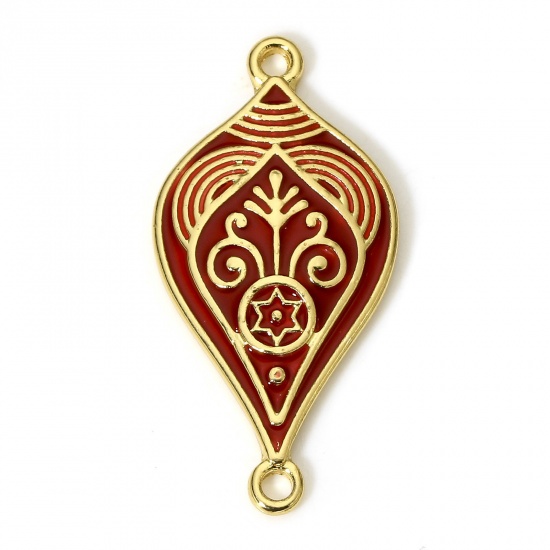Picture of 1 Piece Brass Ethnic Connectors Charms Pendants Leaf Carved Pattern 18K Real Gold Plated Red Enamel 3.3cm x 1.6cm