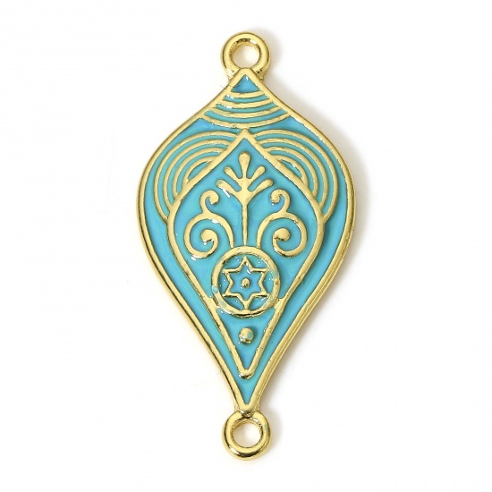 Picture of 1 Piece Brass Ethnic Connectors Charms Pendants Leaf Carved Pattern 18K Real Gold Plated Green Blue Enamel 3.3cm x 1.6cm