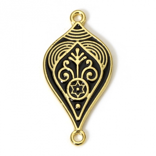 Picture of 1 Piece Brass Ethnic Connectors Charms Pendants Leaf Carved Pattern 18K Real Gold Plated Black Enamel 3.3cm x 1.6cm