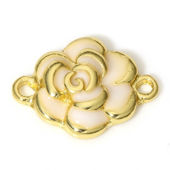 Picture of 1 Piece Brass Connectors Charms Pendants Flower 18K Real Gold Plated White Enamel 20mm x 15mm