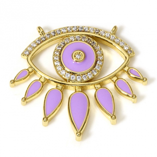 Picture of 1 Piece Brass Micro Pave Charms Eye Drop 18K Real Gold Plated Purple Enamel Clear Cubic Zirconia 27mm x 25mm