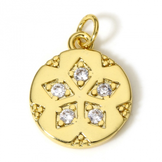 Immagine di 1 Pz Ottone Galassia Charms Tondo 18K Vero Oro Placcato Stella Micro Spianare Trasparente Cubic Zirconiae 17mm x 12mm