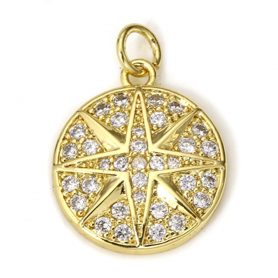 Immagine di 1 Pz Ottone Galassia Charms Tondo 18K Vero Oro Placcato Stella Micro Spianare Trasparente Cubic Zirconiae 23mm x 16.5mm