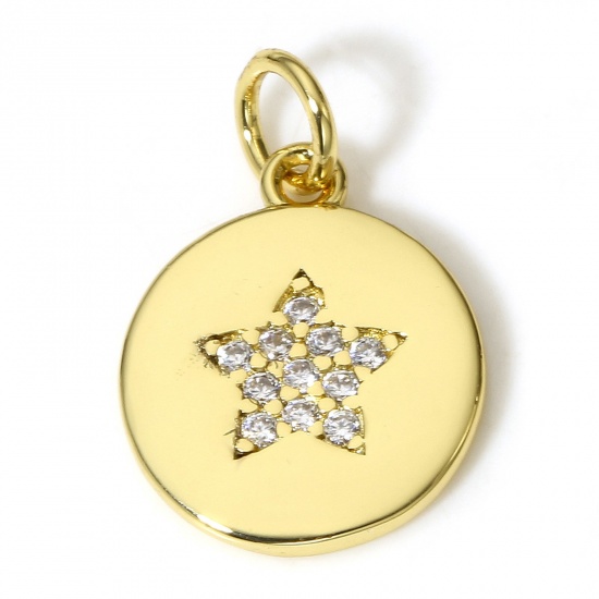 Immagine di 1 Pz Ottone Galassia Charms Tondo 18K Vero Oro Placcato Stella a Cinque Punte Micro Spianare Trasparente Cubic Zirconiae 18mm x 12mm