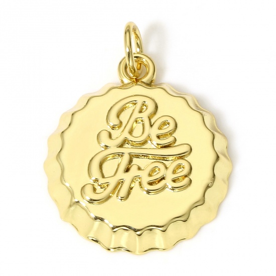 Picture of 1 Piece Brass Bottle Cap Jewelry Charms 18K Real Gold Plated Bottle Cap Message " Be Free " 23mm x 17mm