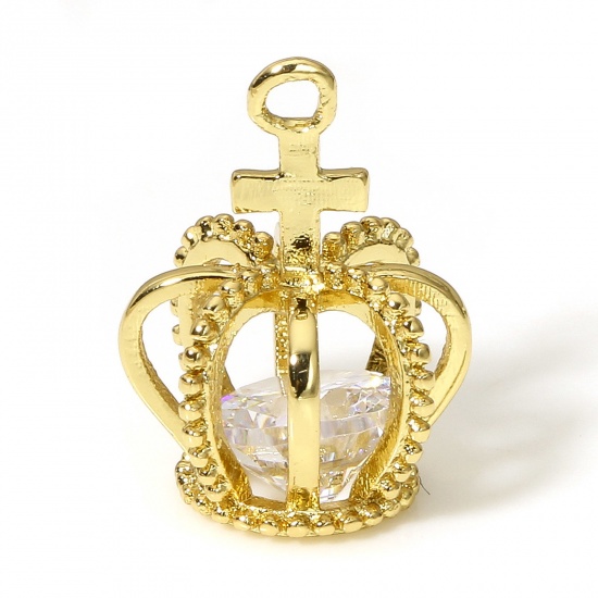 Picture of 1 Piece Brass Charms 18K Real Gold Plated Crown Cross 3D Clear Cubic Zirconia 15mm x 11mm