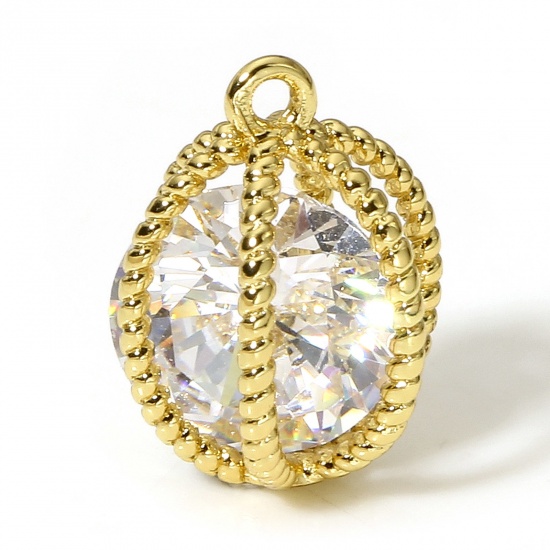 Picture of 1 Piece Brass Charms 18K Real Gold Plated Cage Stripe 3D Clear Cubic Zirconia 11.5mm x 9mm