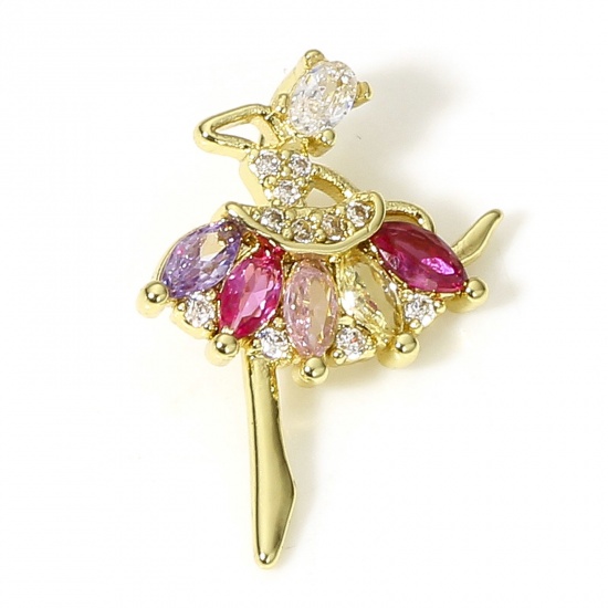 Picture of 1 Piece Brass Charms 18K Real Gold Plated Ballerina Multicolour Cubic Zirconia 19mm x 13mm