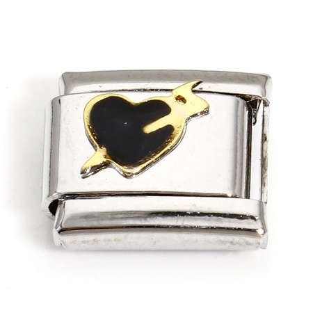 Picture of 1 Piece 304 Stainless Steel Italian Charm Links For DIY Bracelet Jewelry Making Silver Tone Black Rectangle Arrow Through Heart 10mm x 9mm