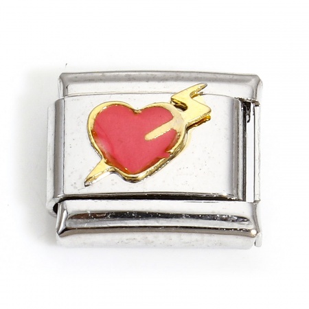 Picture of 1 Piece 304 Stainless Steel Italian Charm Links For DIY Bracelet Jewelry Making Silver Tone Hot Pink Rectangle Arrow Through Heart 10mm x 9mm